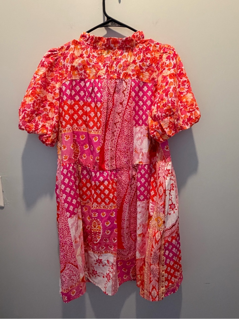 Gigio Cotton Patchwork Puff Sleeve Pink V-Neck Mini Dress - Picture 5 of 7